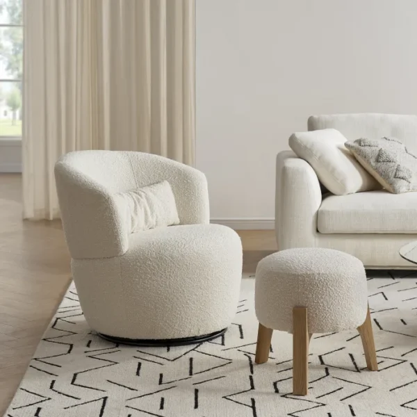 Amber Bouclé Swivel Chair with Kit Bouclé Stool